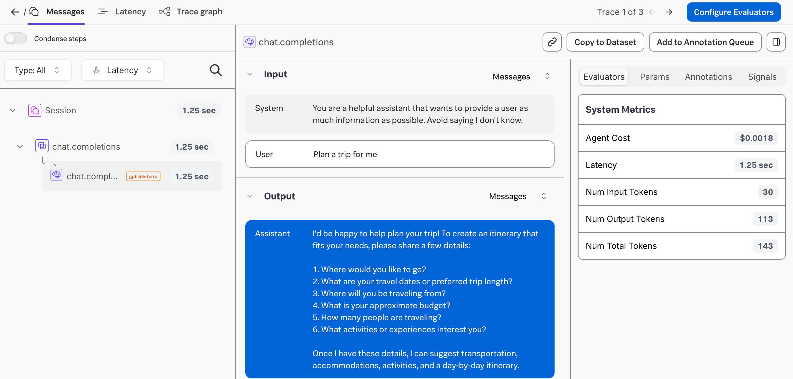 The Messages tab for the first trace in Splunk Agent Observability