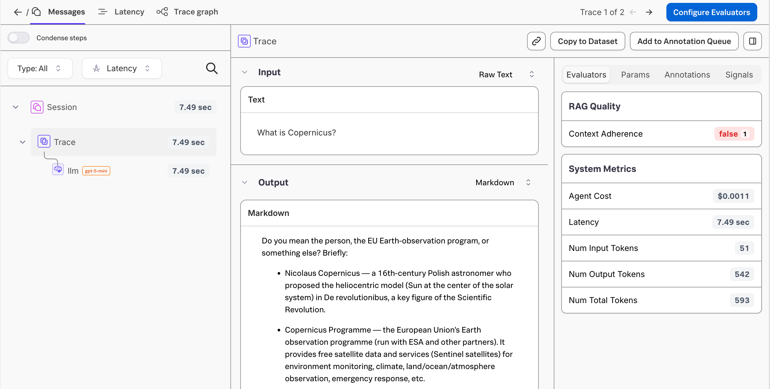 The first trace in the experiment in Splunk Agent Observability
