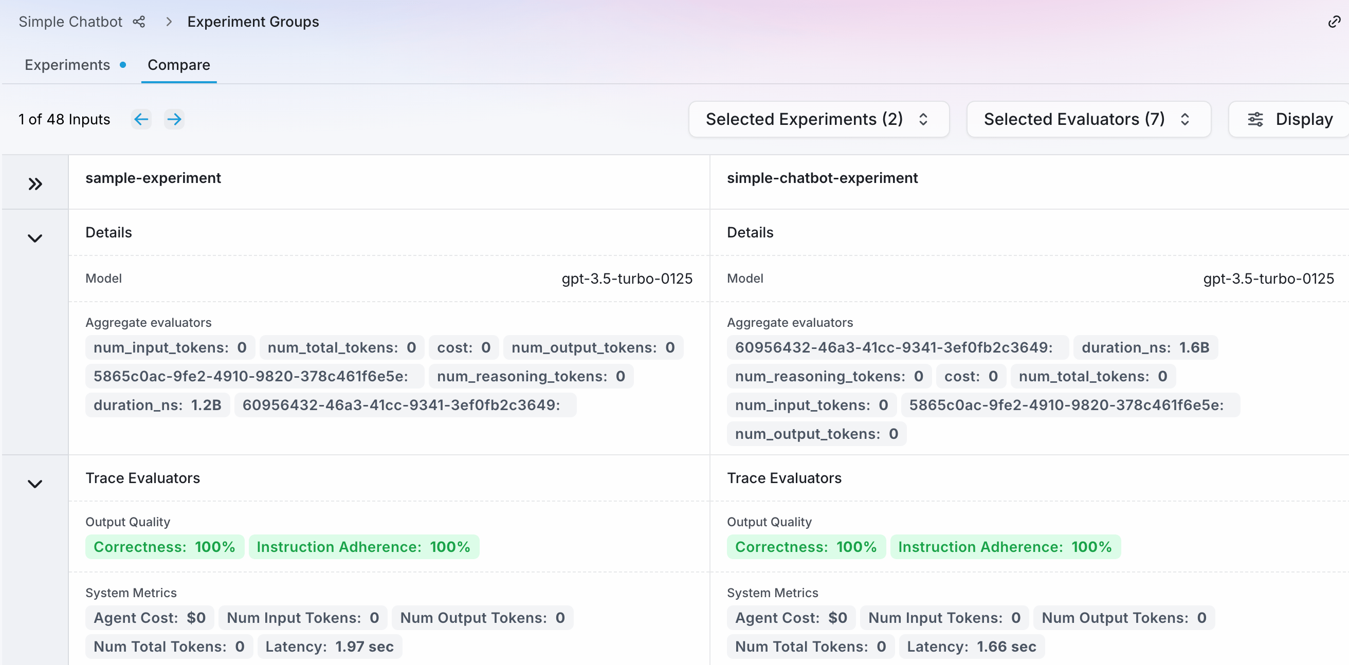 2 experiments side by side showing evaluators, input prompt and output