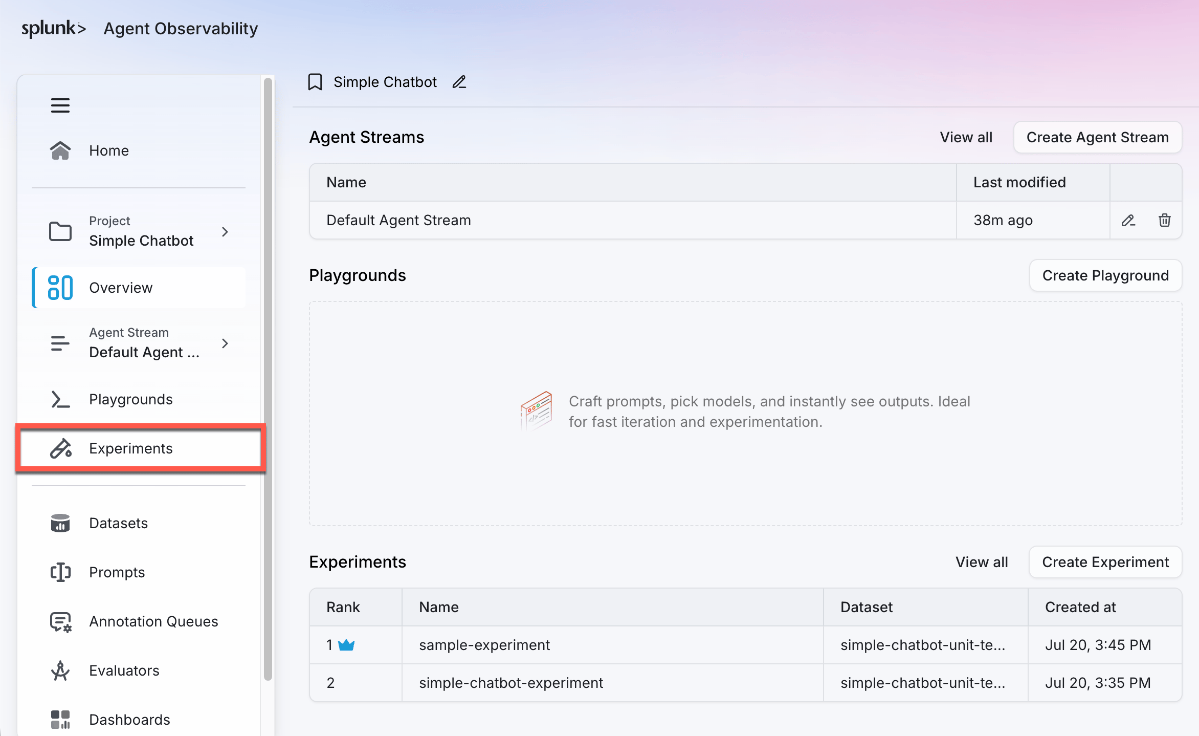 The experiments tab for a project