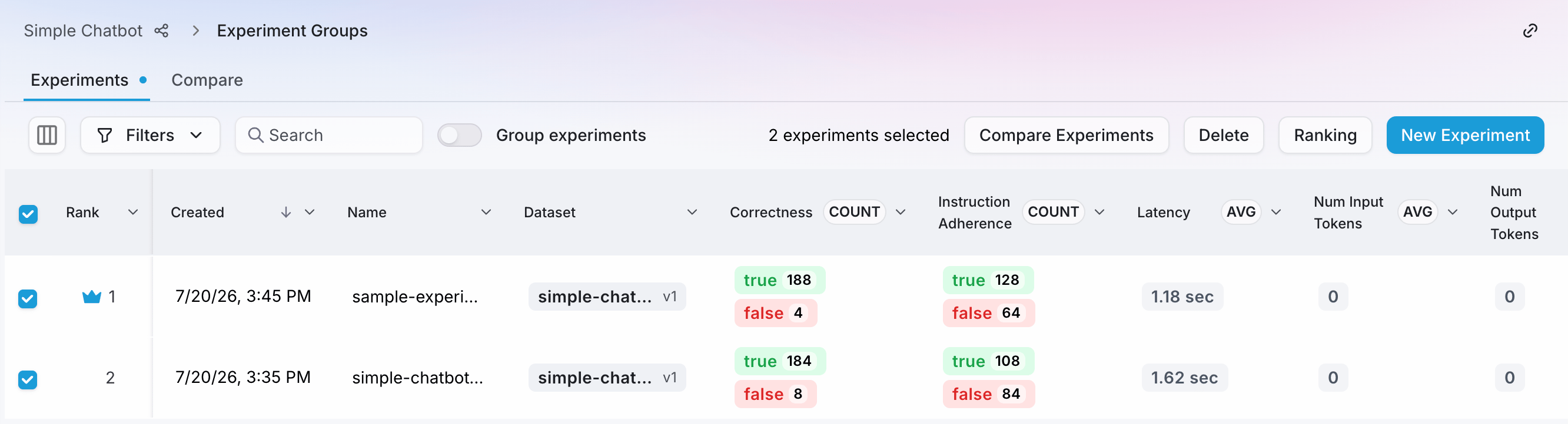 The experiments tab with check boxes checked on the left of two experiments