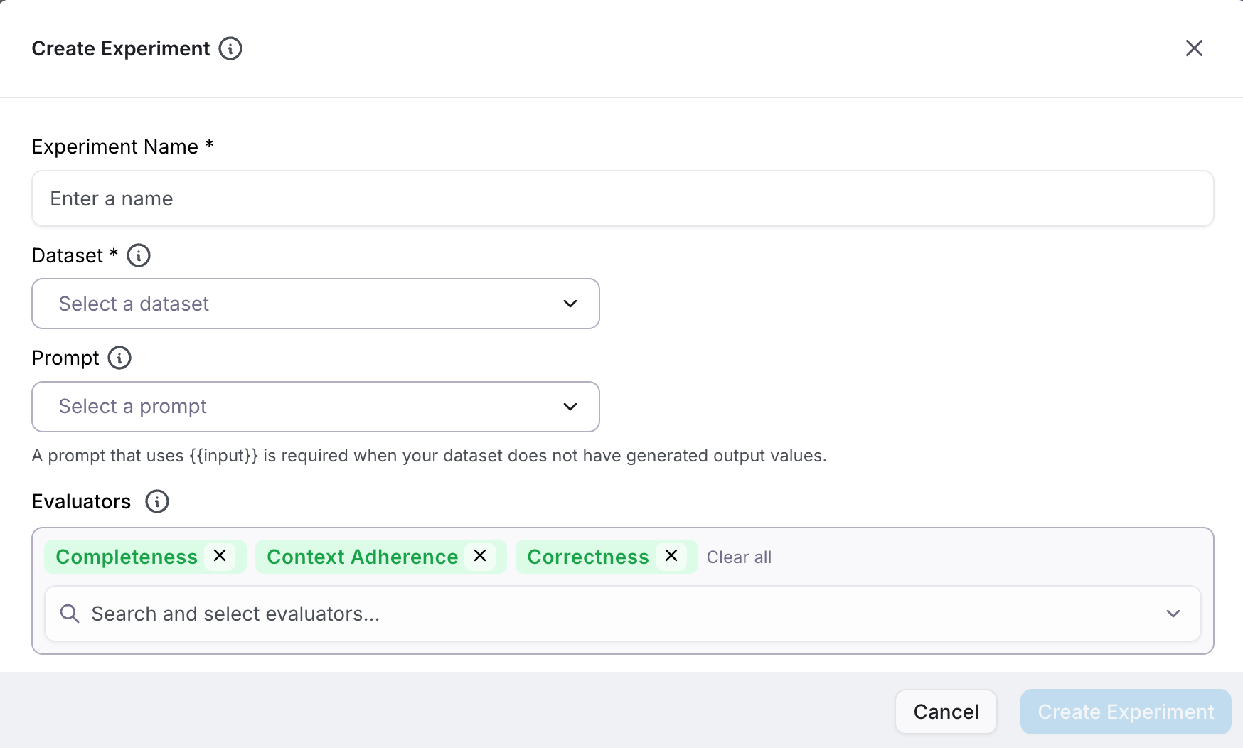 Create Experiment modal