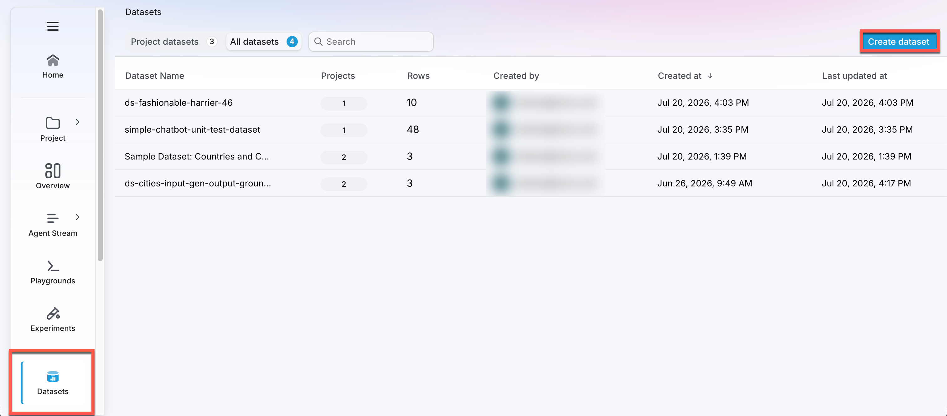 Dataset create dataset button