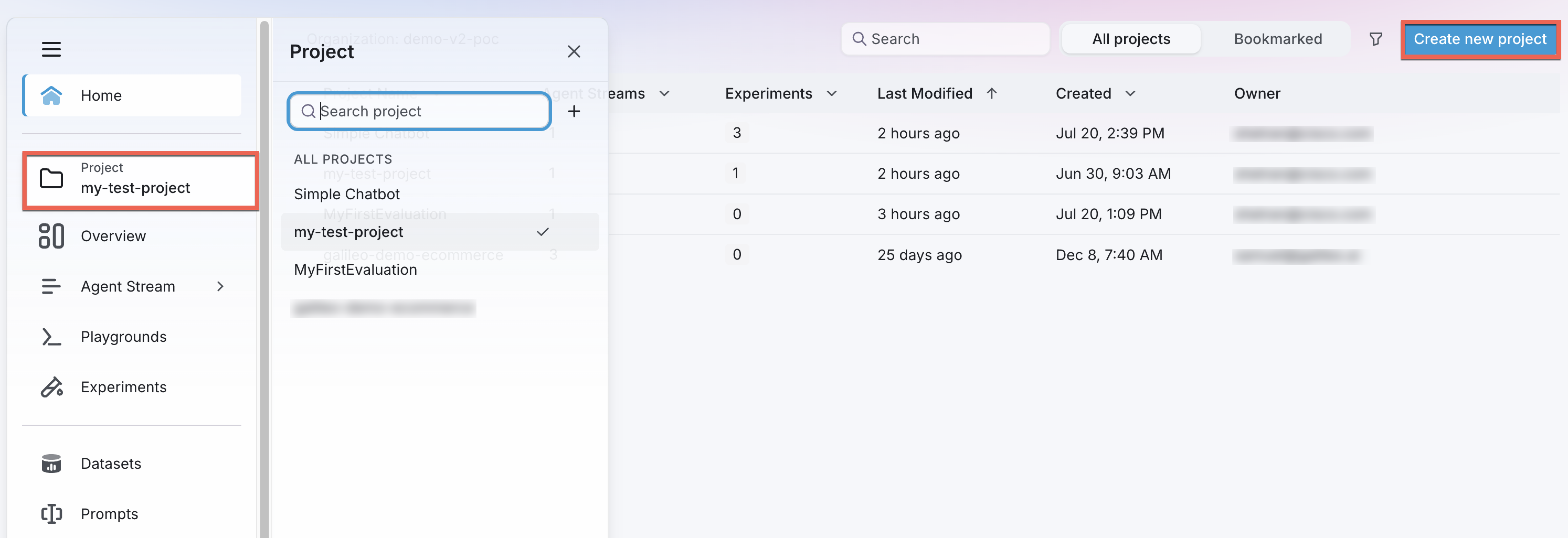 Select or create a project