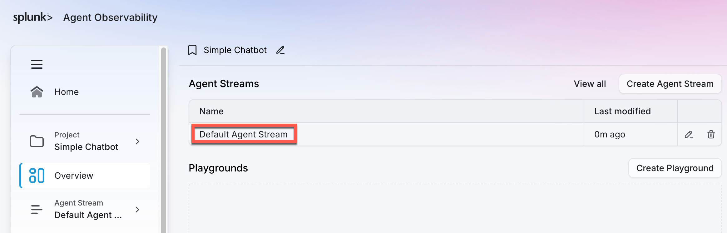 The default Agent Stream in the project dashboard