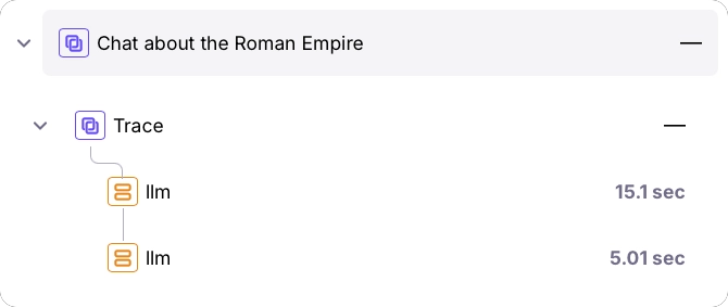A single session called Chat about the Roman Empire with 1 trace in Splunk Agent Observability