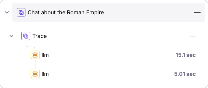 A single session called Chat about the Roman Empire with 1 trace in Splunk Agent Observability