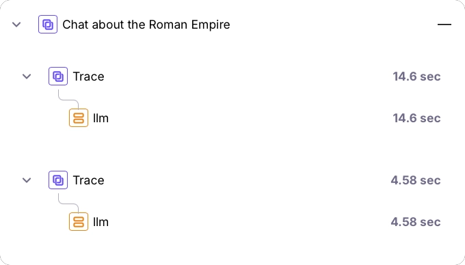 A single session called Chat about the Roman Empire with 2 traces in Splunk Agent Observability
