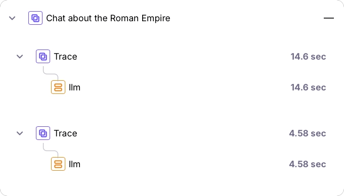 A single session called Chat about the Roman Empire with 2 traces in Splunk Agent Observability