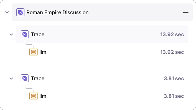 A single session with 2 traces in the Splunk Agent Observability UI