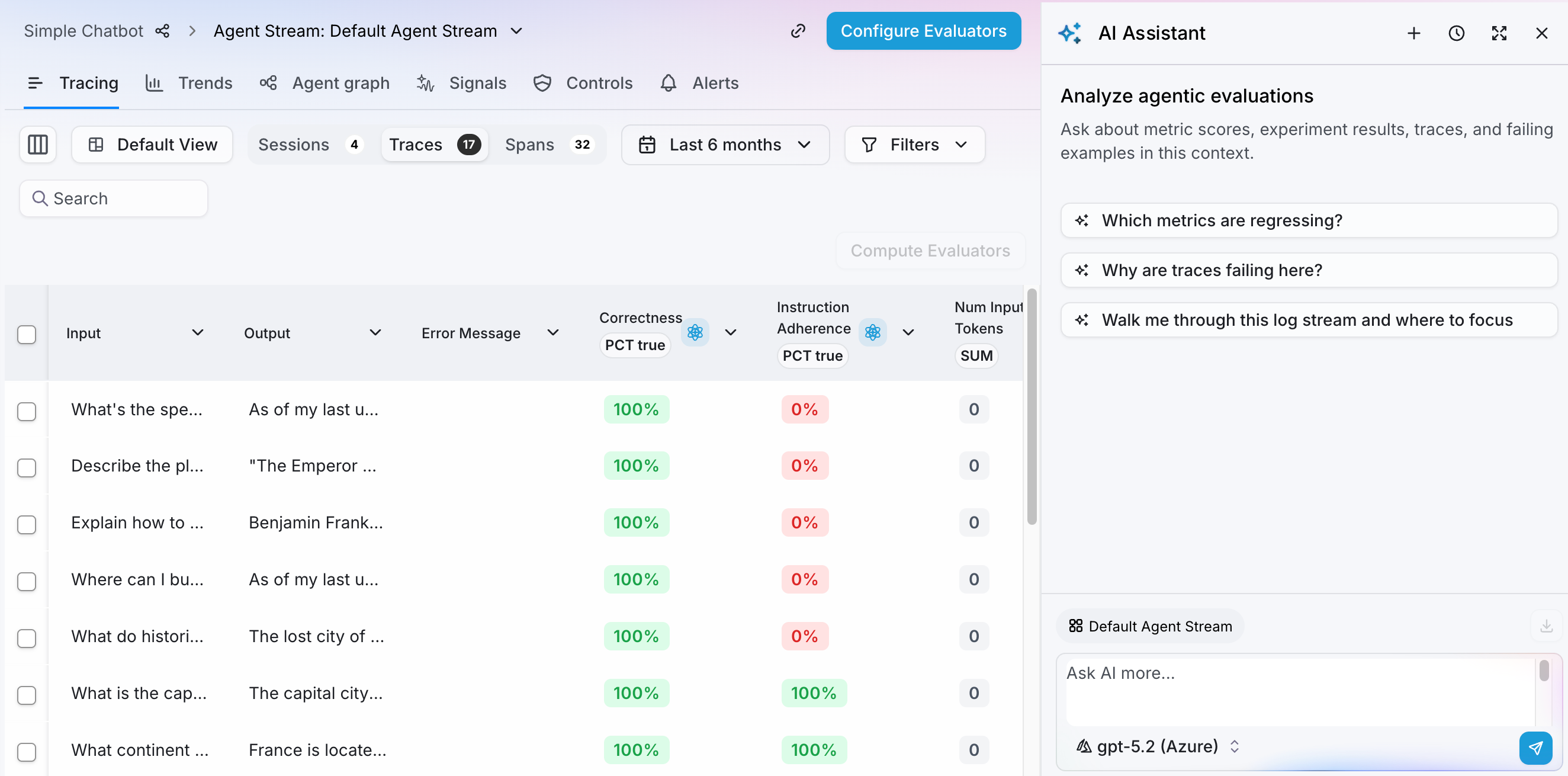 The AI Assistant panel open inside an Agent Stream, showing suggested questions and a prompt to run Signals