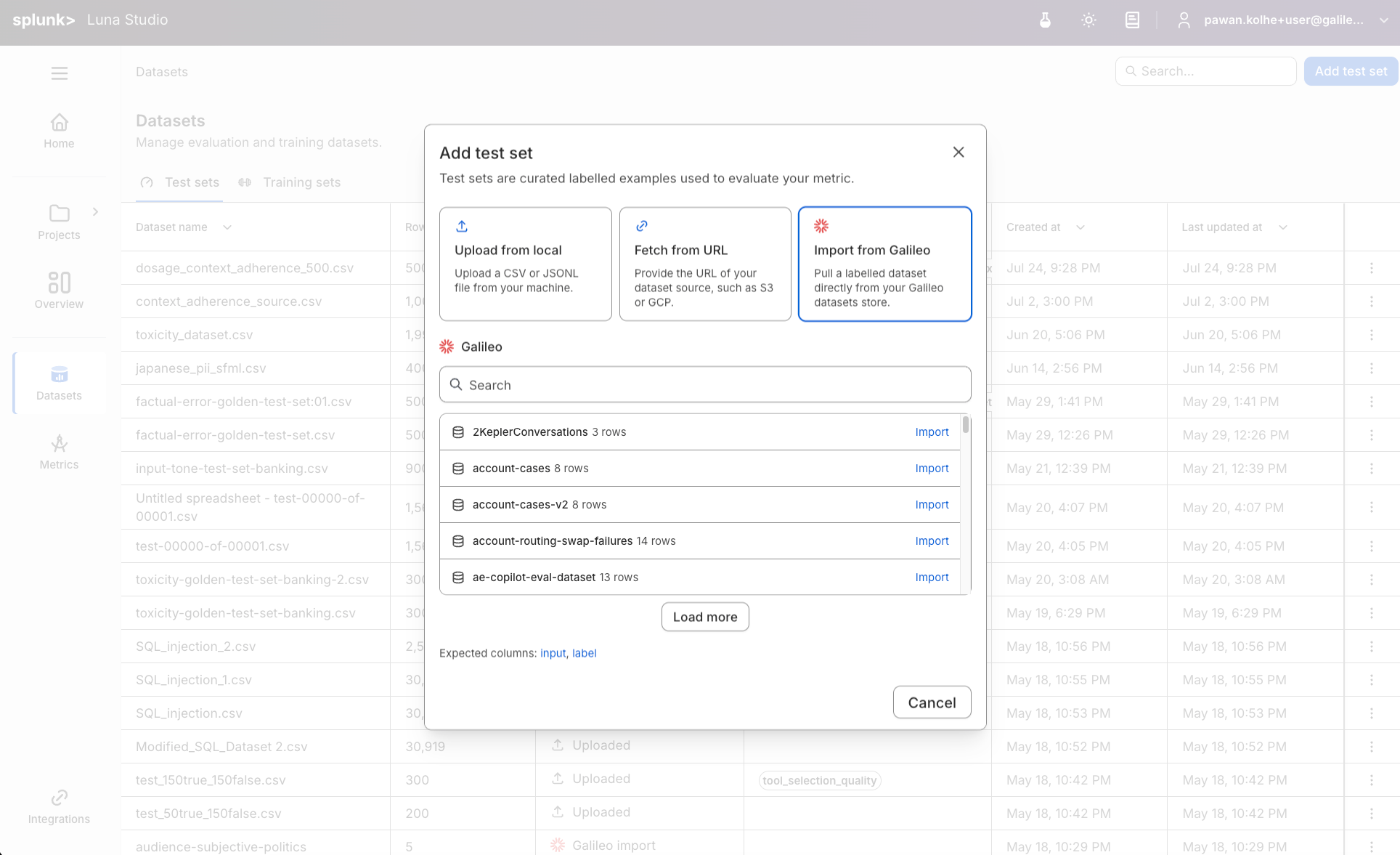 Add dataset, Splunk Agent Observability import