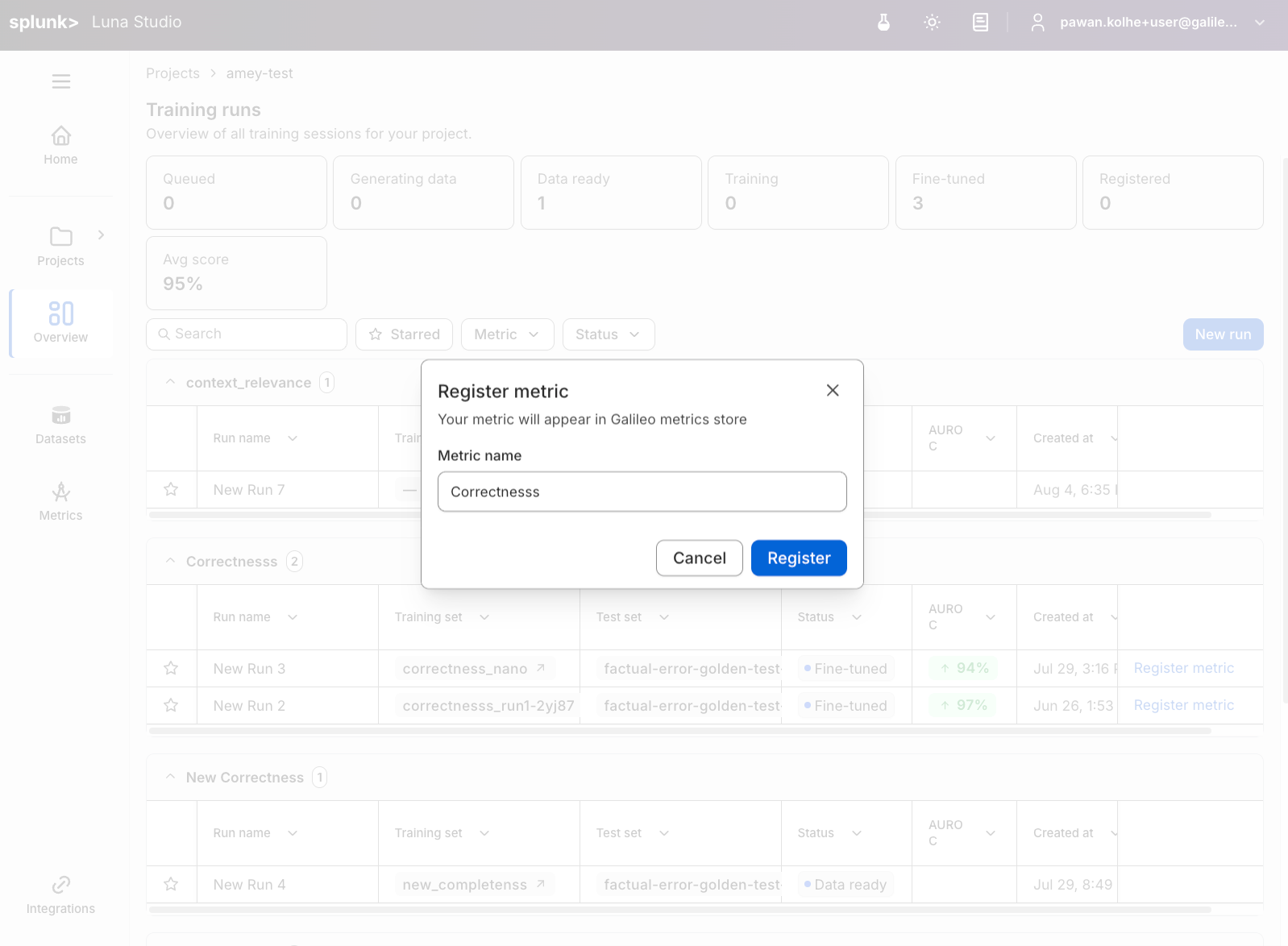 Register evaluator modal