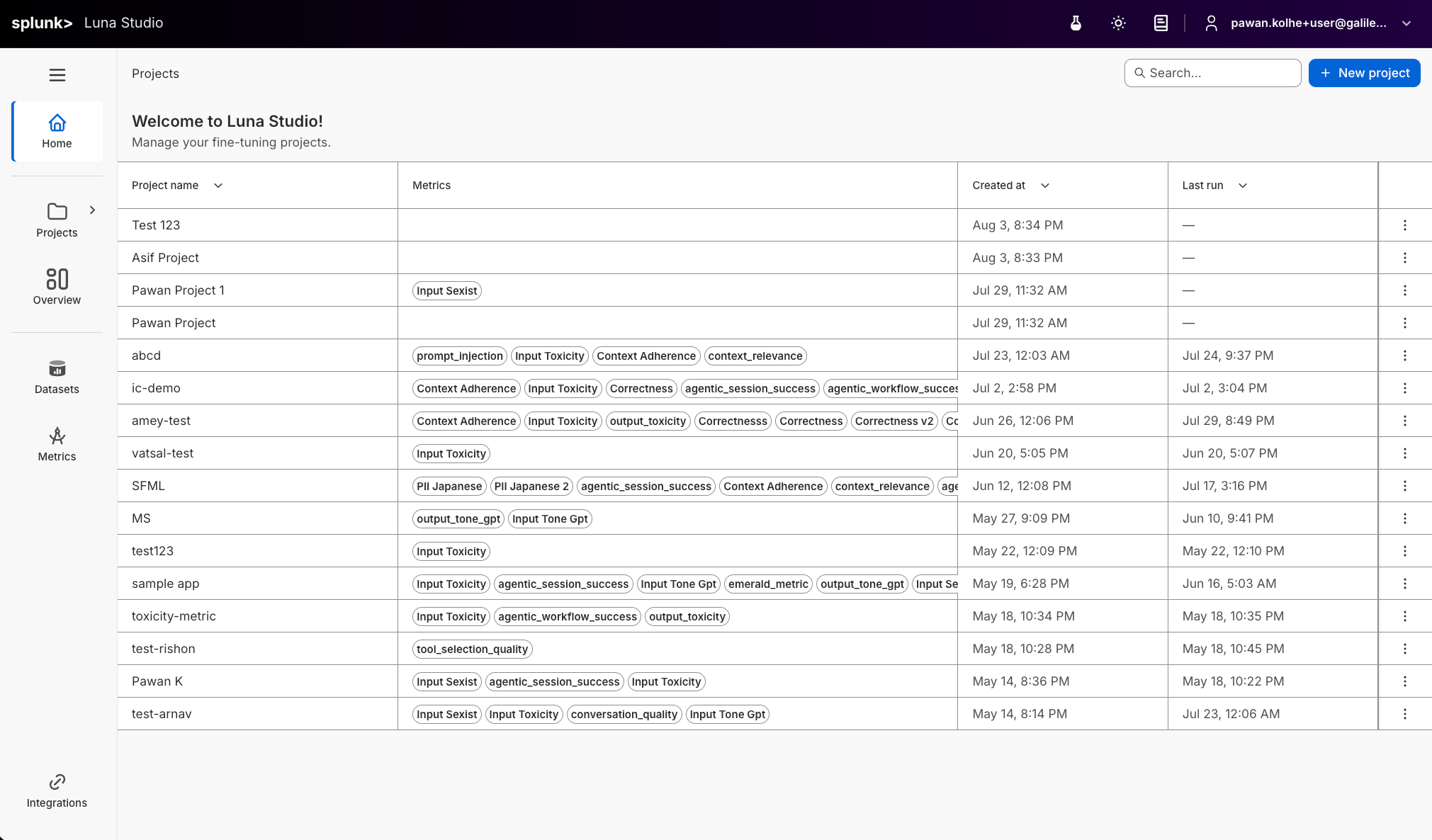 Luna Studio projects page