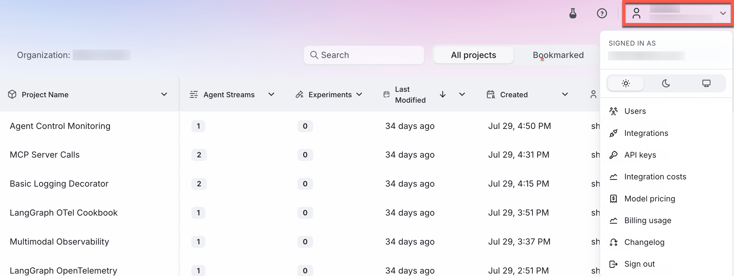 The user menu