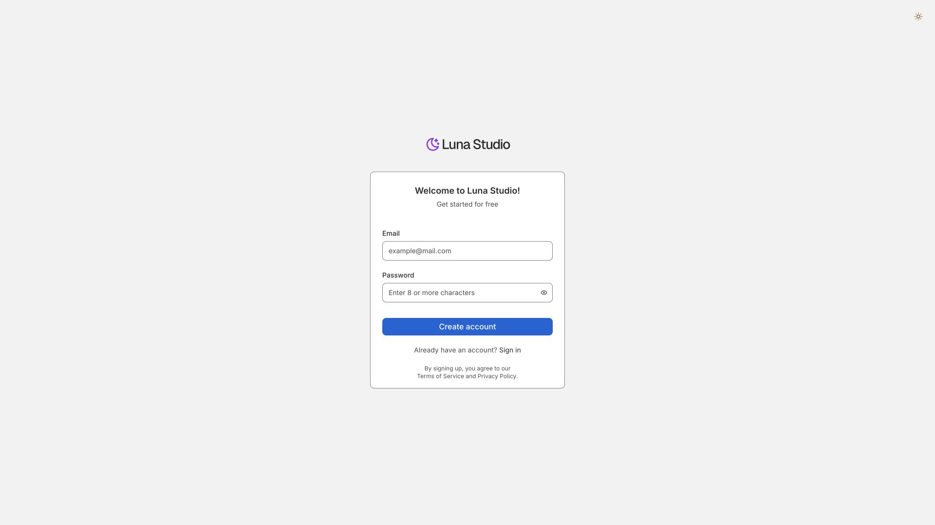 Sign up screen