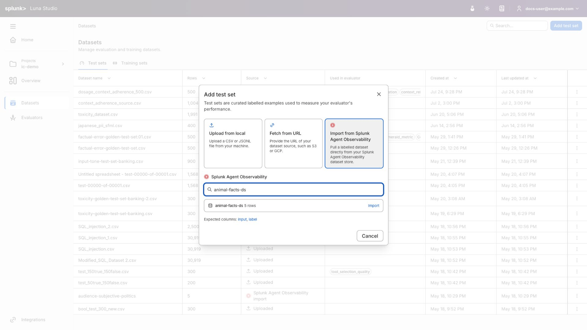 Add dataset, Splunk Agent Observability import