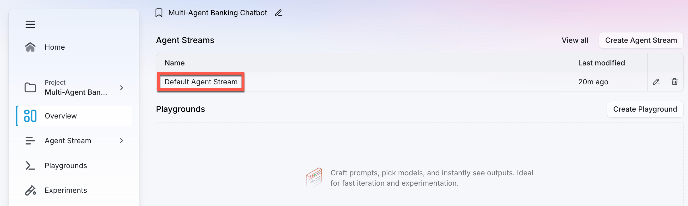 The default Agent Stream in the project dashboard