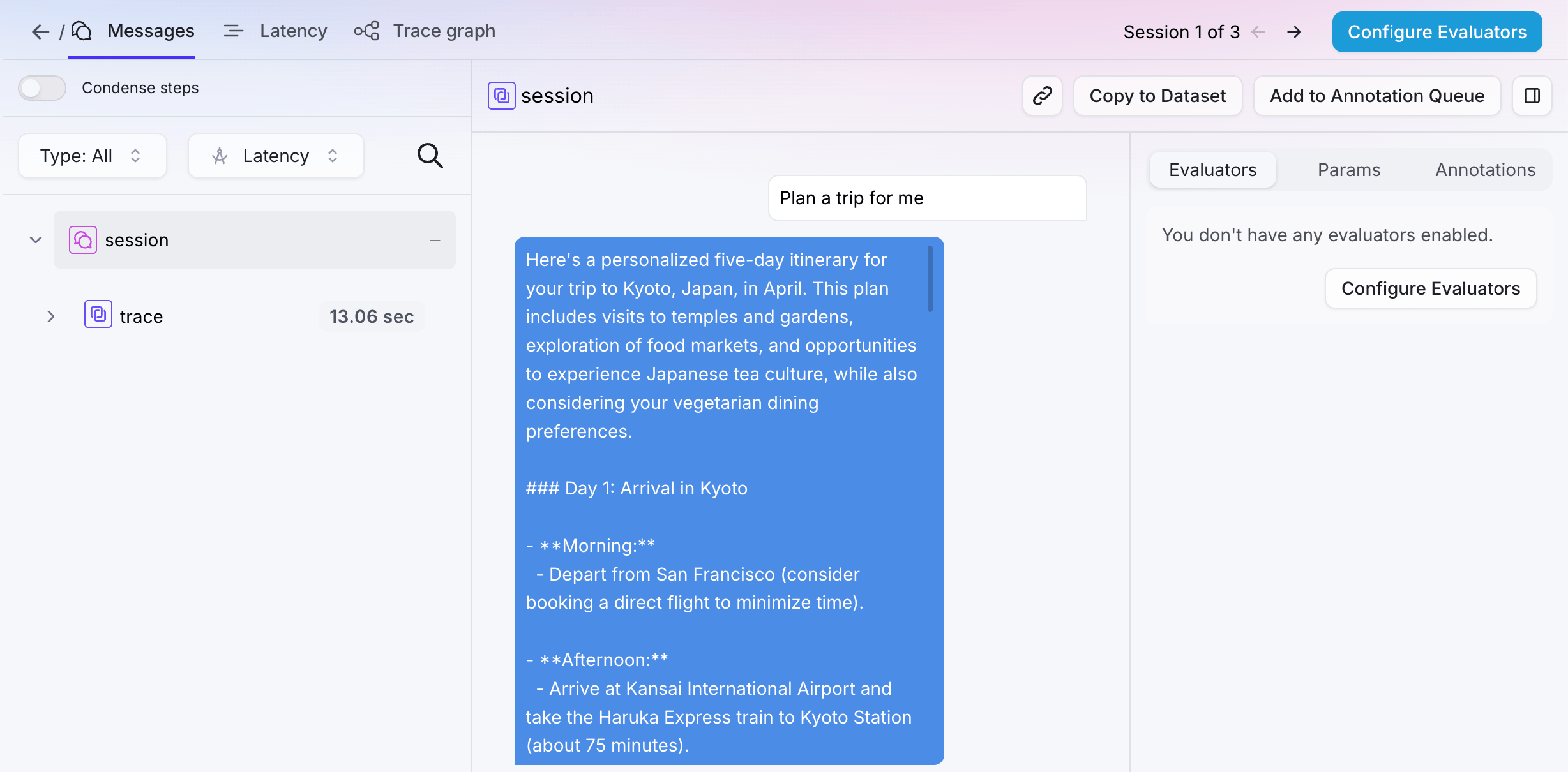 The Messages tab for the first trace in Splunk Agent Observability