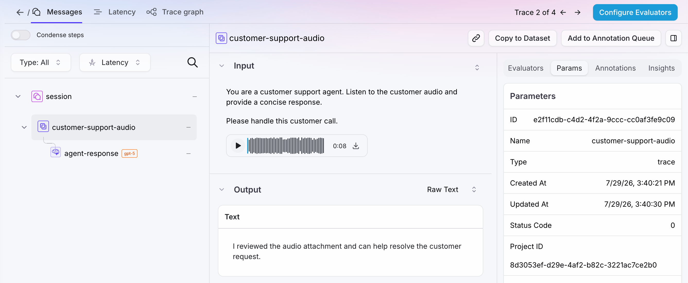 An audio trace in the Splunk Agent Observability Agent Stream showing an inline waveform player in the user input, a text output from the assistant, and audio quality evaluators in the side panel