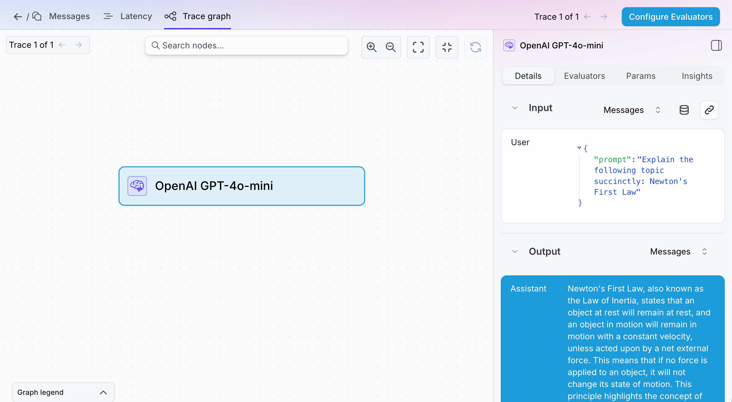 A trace with an input, OpenAI span, and an output