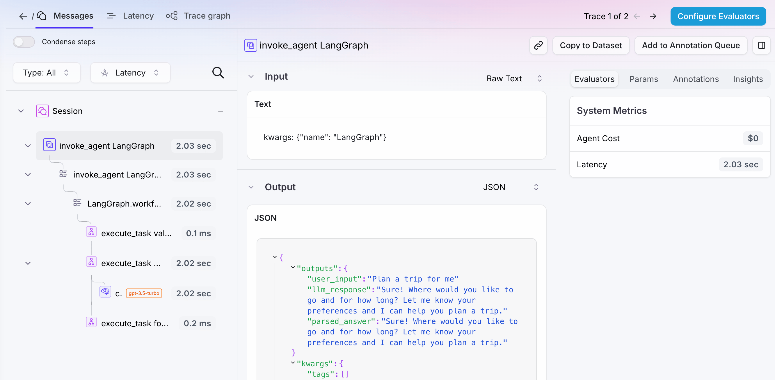 The Messages tab for the LangGraph trace