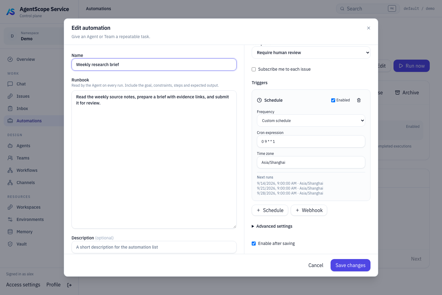 Automation cron expression, time zone and upcoming trigger preview
