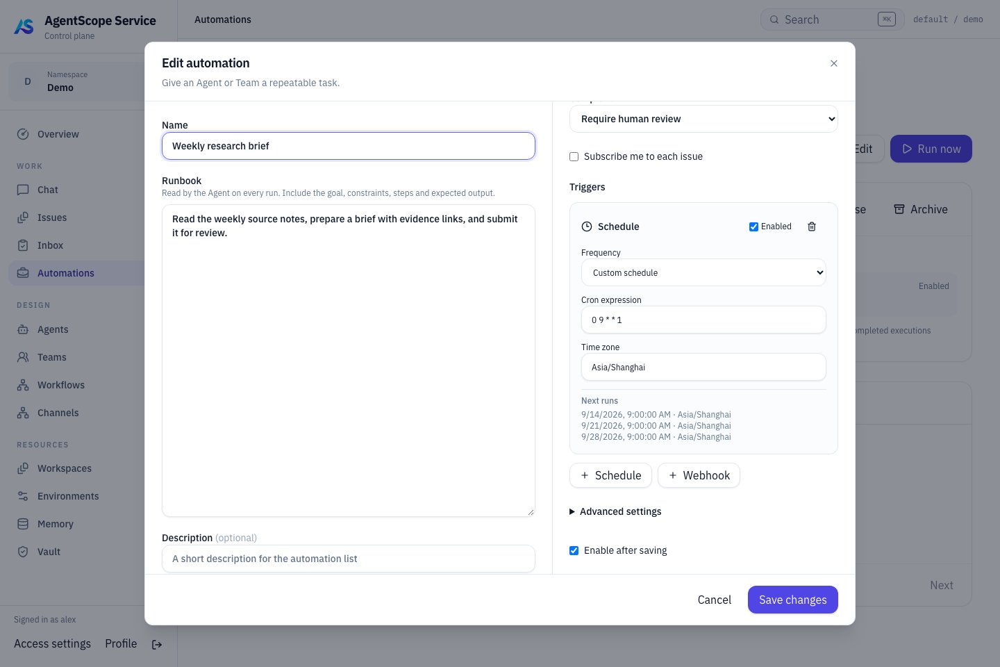 Automation cron expression, time zone and upcoming trigger preview