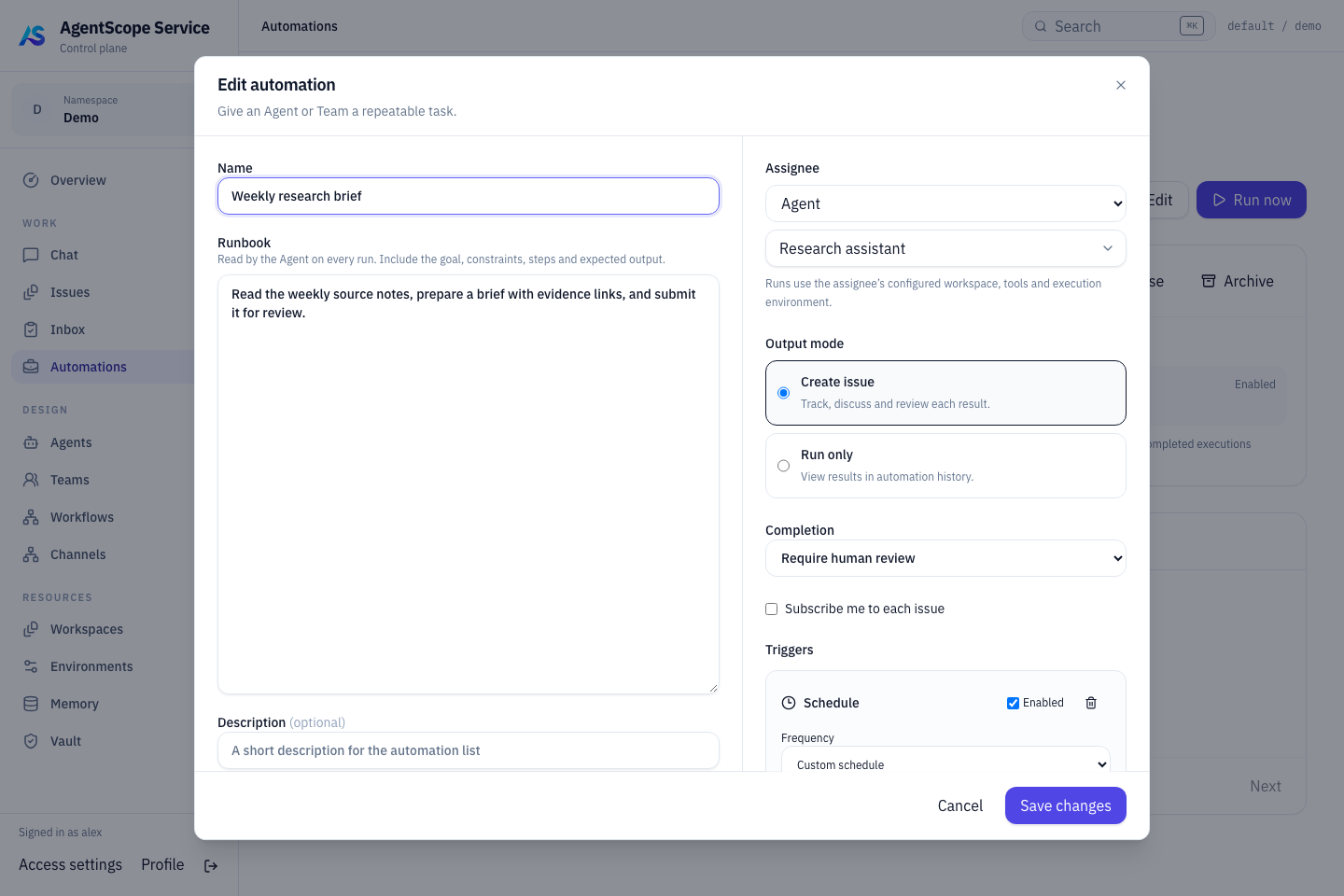 Automation editor with runbook and trigger settings