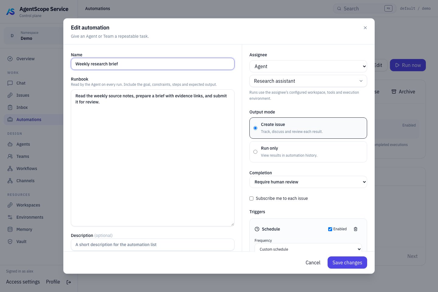 Automation editor with runbook and trigger settings