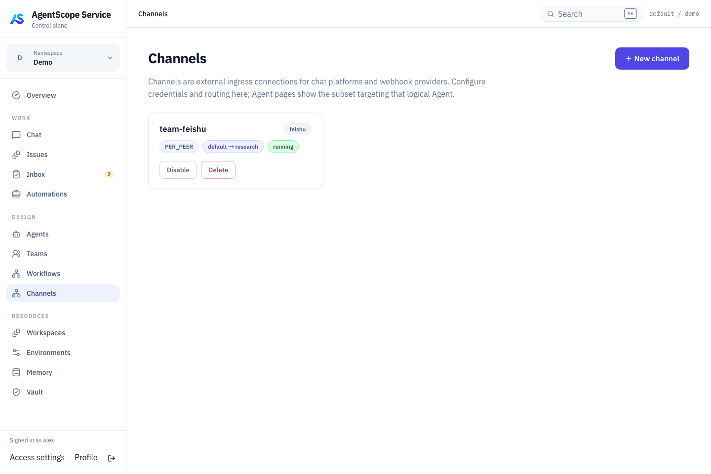 Channel catalog with platform type and running status