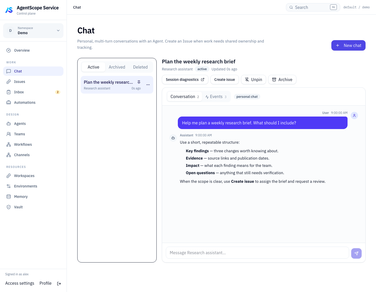 Select an Agent and start a multi-turn console conversation