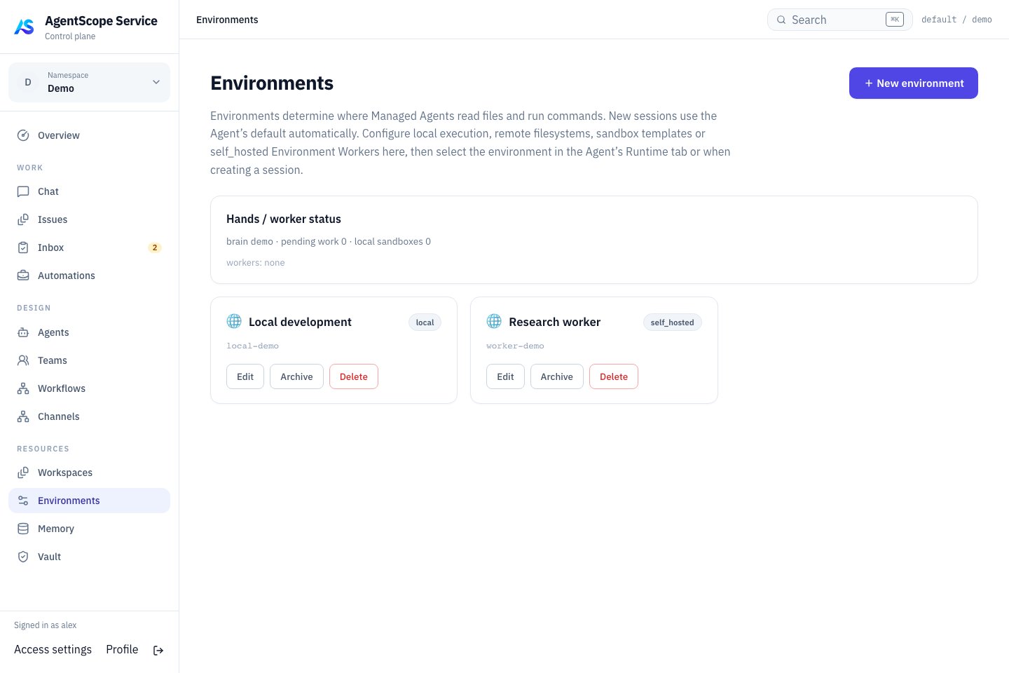 Local and self_hosted environment examples