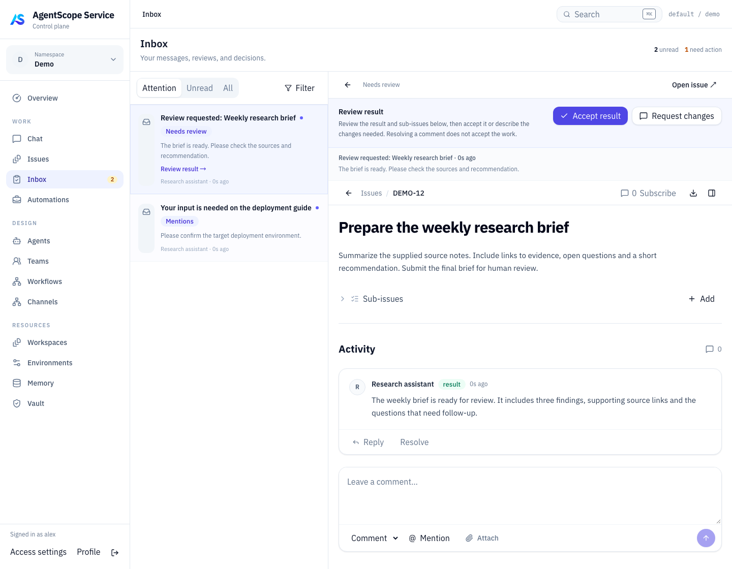 Inbox review request with its linked issue