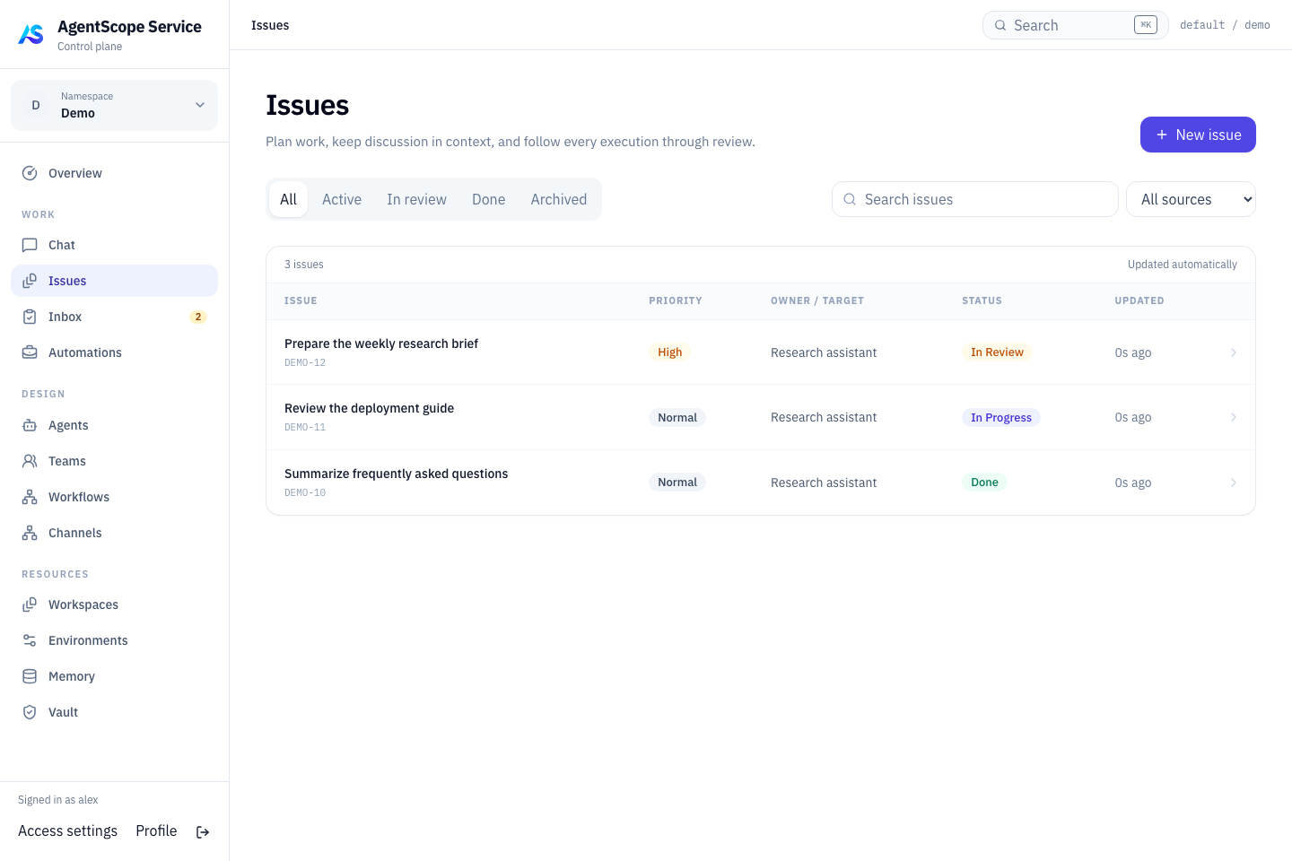 Issue list with priority, owner and status