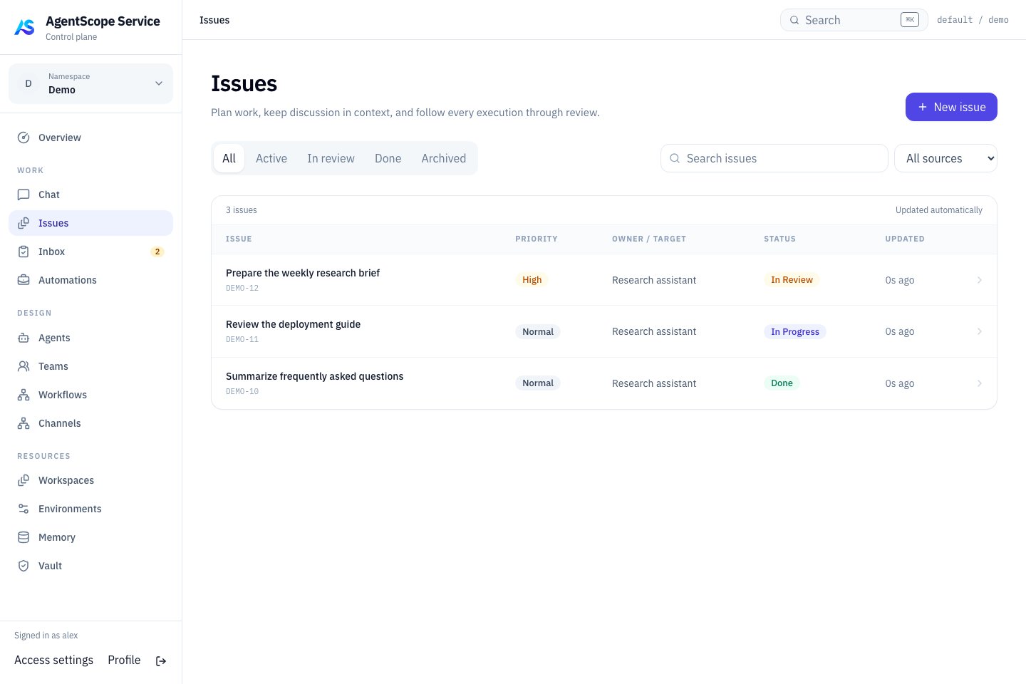 Issue list with priority, owner and status