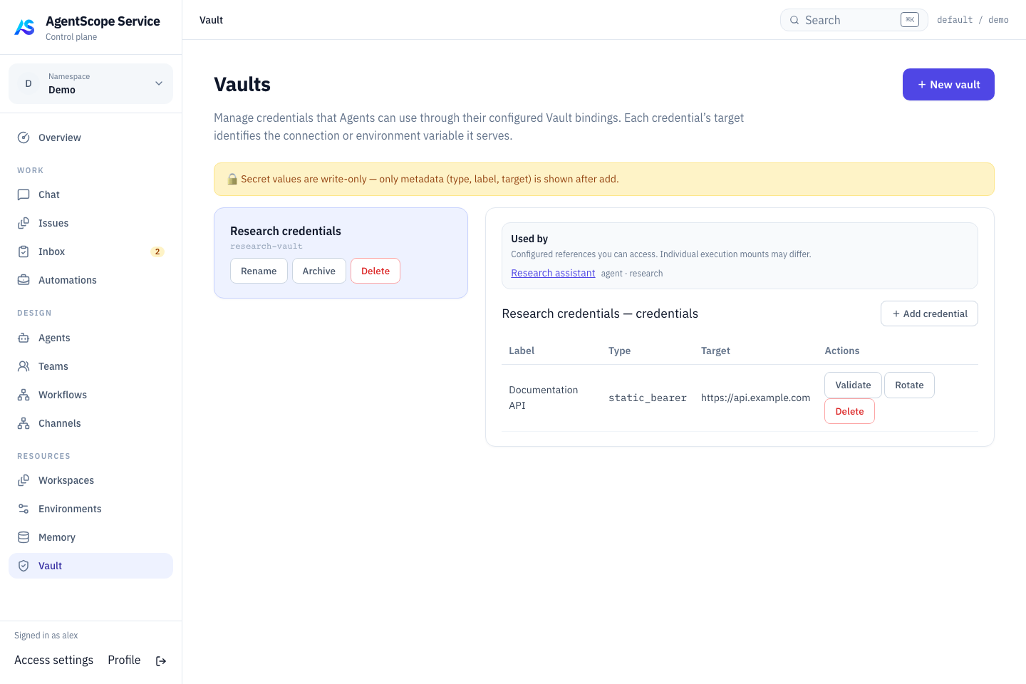Vault and credential metadata list