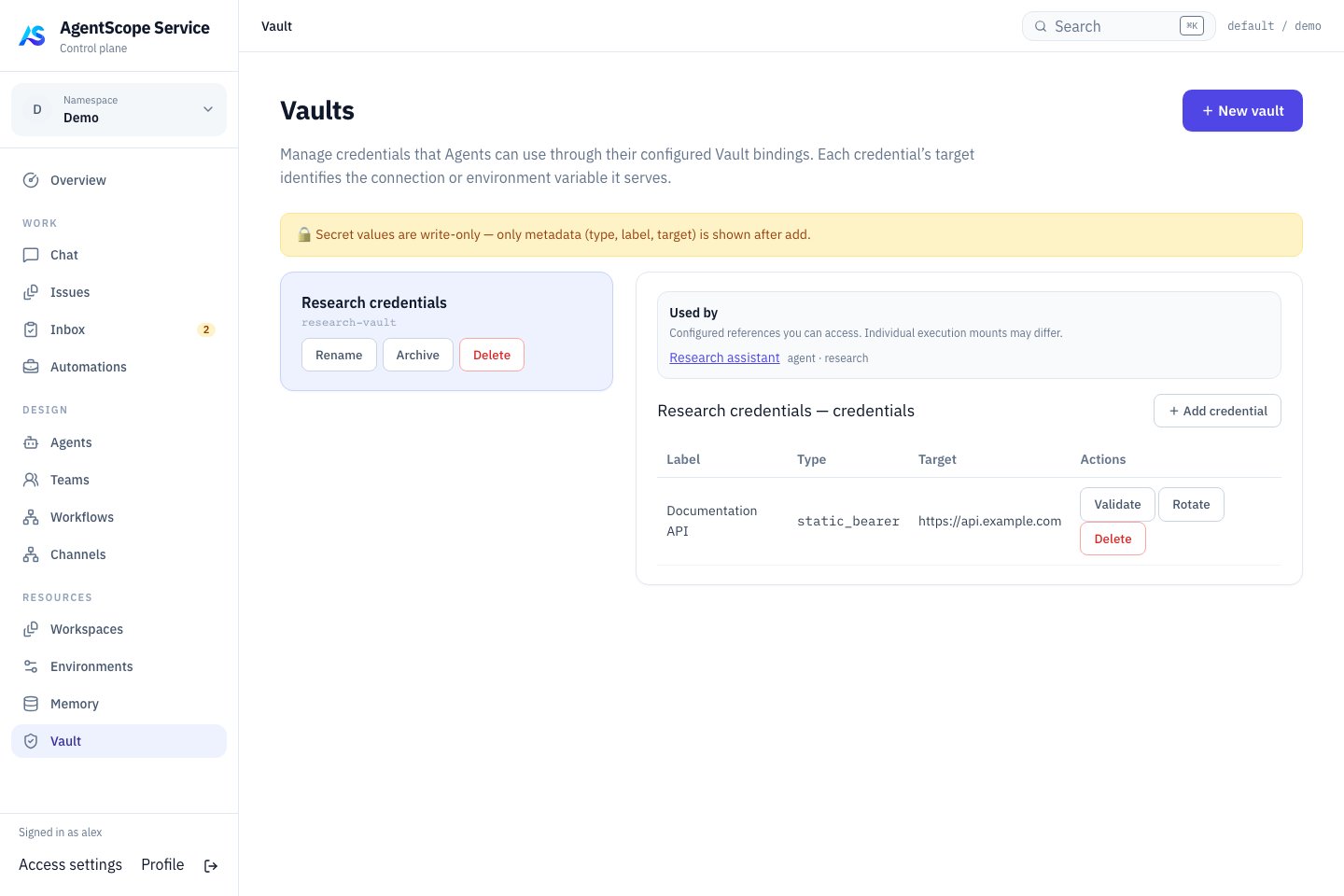 Vault and credential metadata list