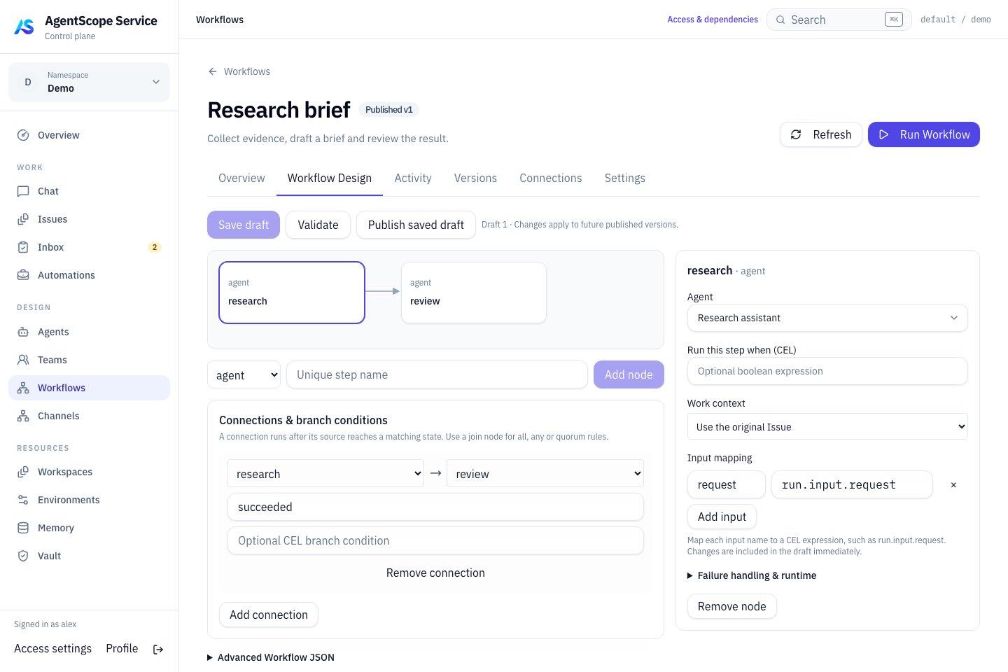 Workflow Design tab and step dependencies