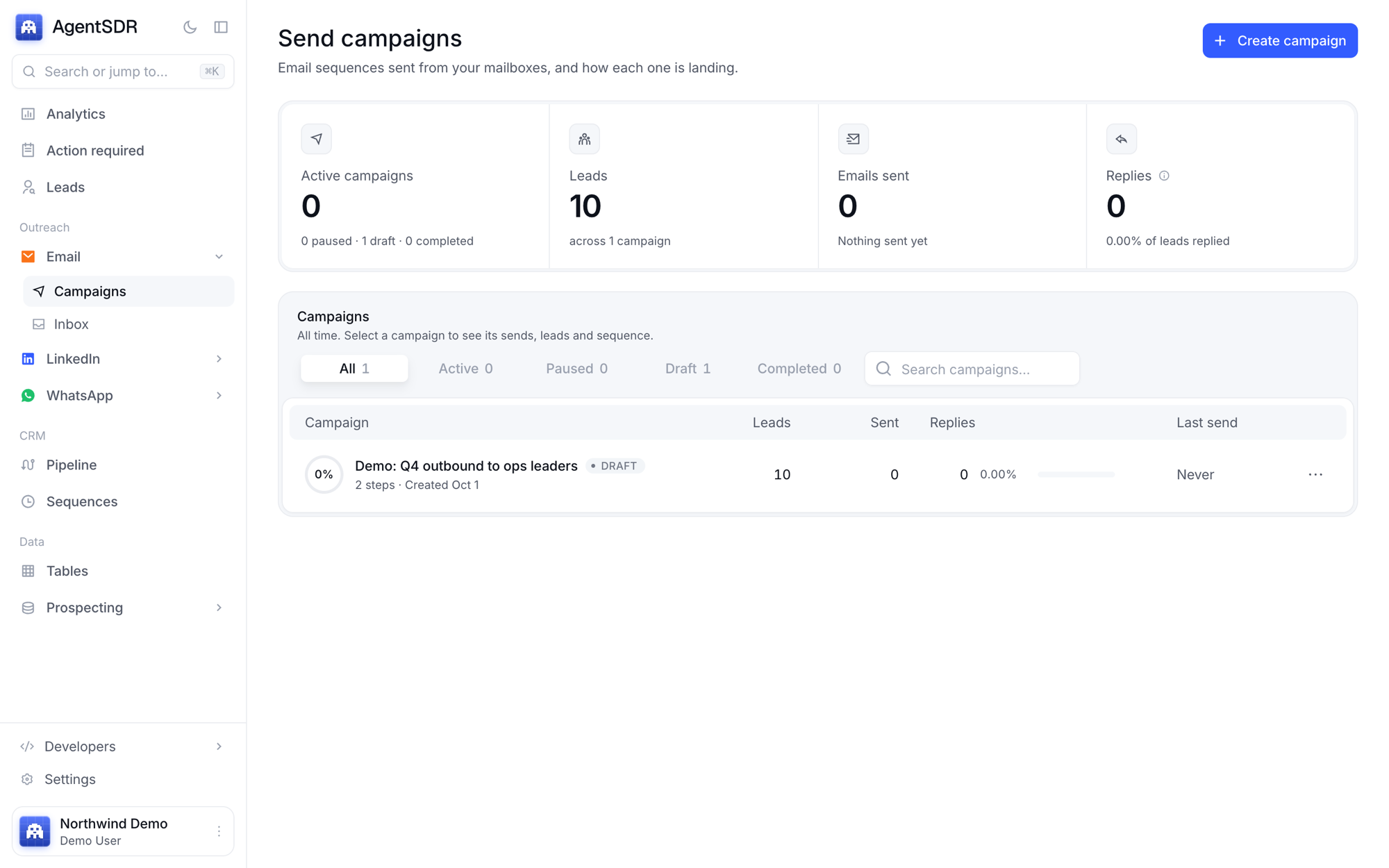 The Send campaigns page listing email campaigns with their status, leads, replies and last send