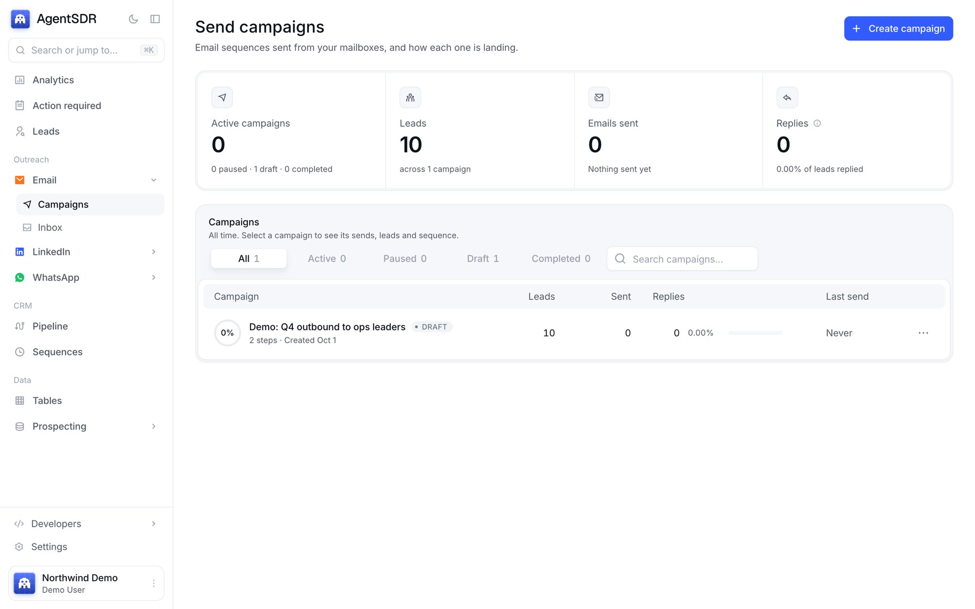 The Send campaigns page listing email campaigns with their status, leads, replies and last send