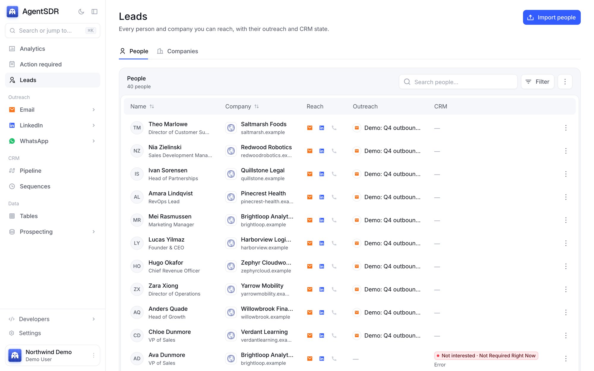 The Leads page, listing people with their company, reach, outreach and CRM state