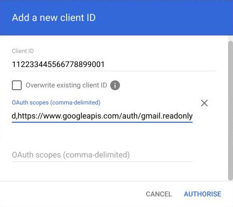 Google Admin console Add a new client ID dialog with a Client ID and the Gmail scopes filled in