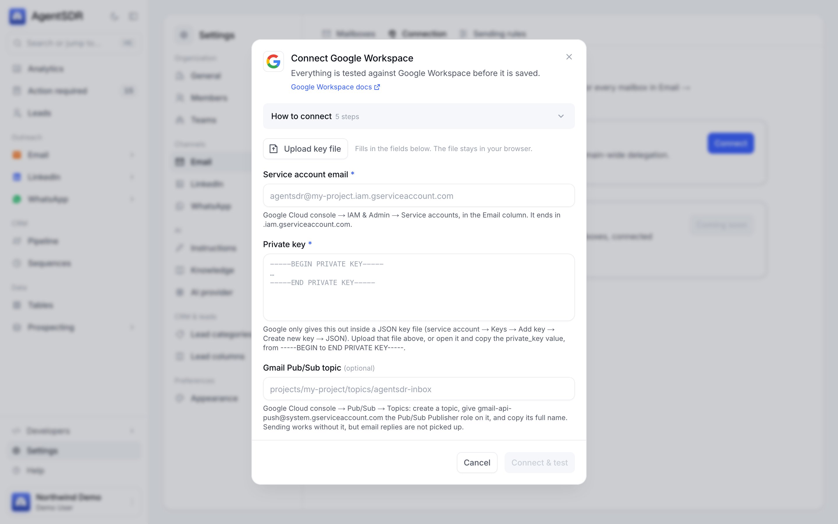 The Connect Google Workspace dialog with an Upload key file button and fields for the service account email, private key and optional Gmail Pub/Sub topic