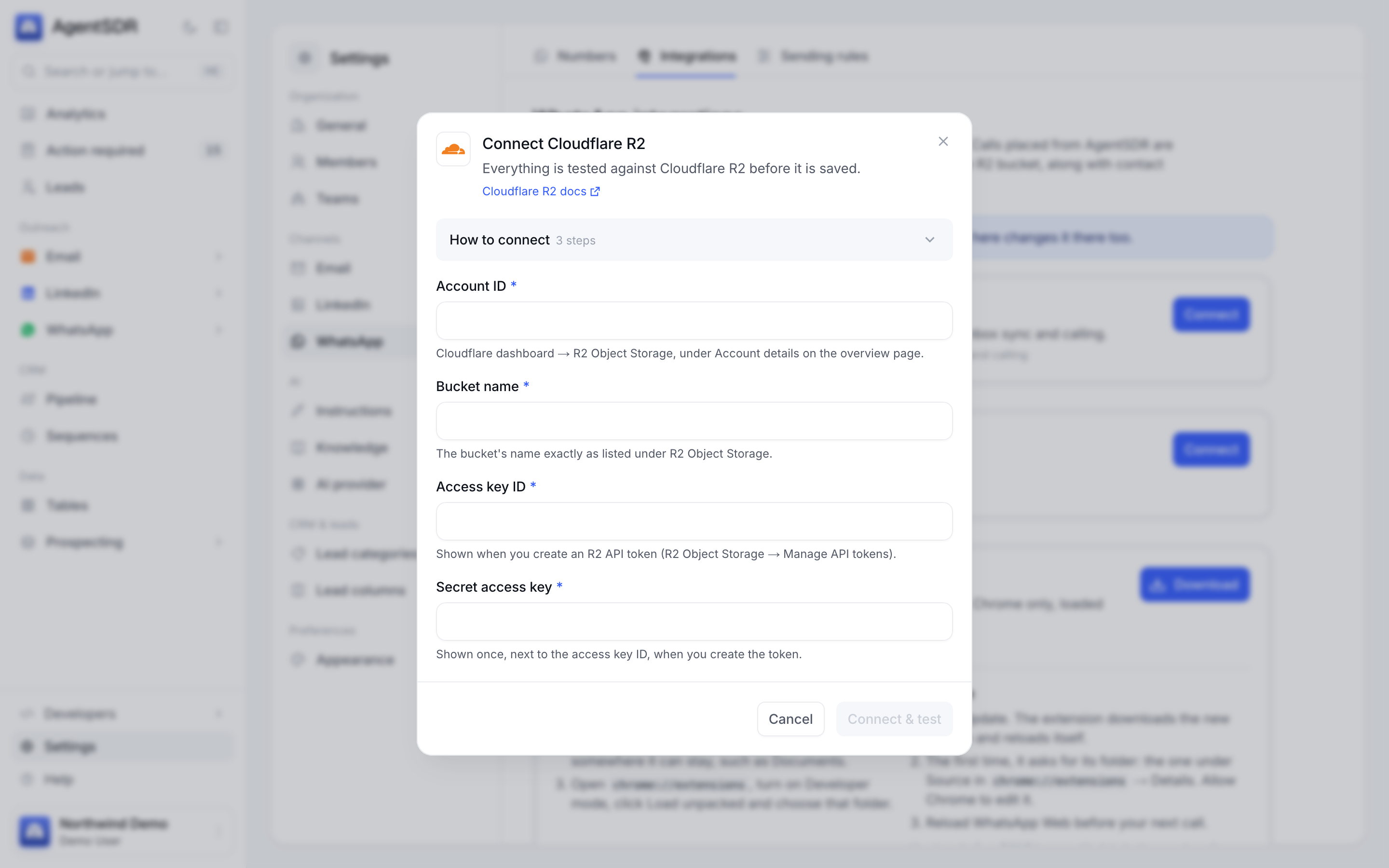The Connect Cloudflare R2 dialog with fields for account ID, bucket name, access key ID and secret access key