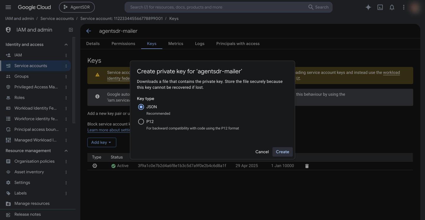 Create private key dialog with JSON selected