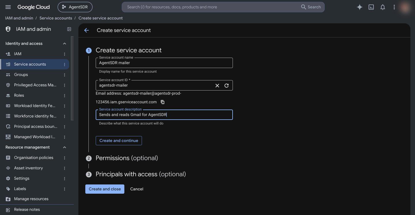 Create service account form with a name, ID and description filled in