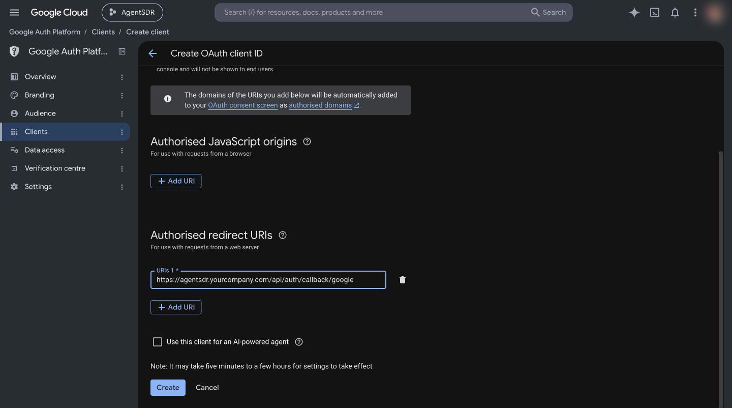 Create OAuth client ID form with an authorised redirect URI filled in
