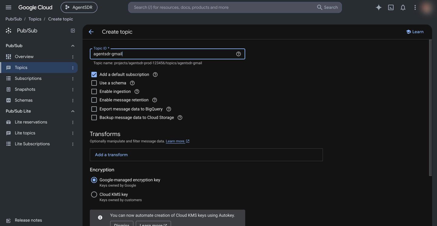 Pub/Sub Create topic form with a Topic ID filled in