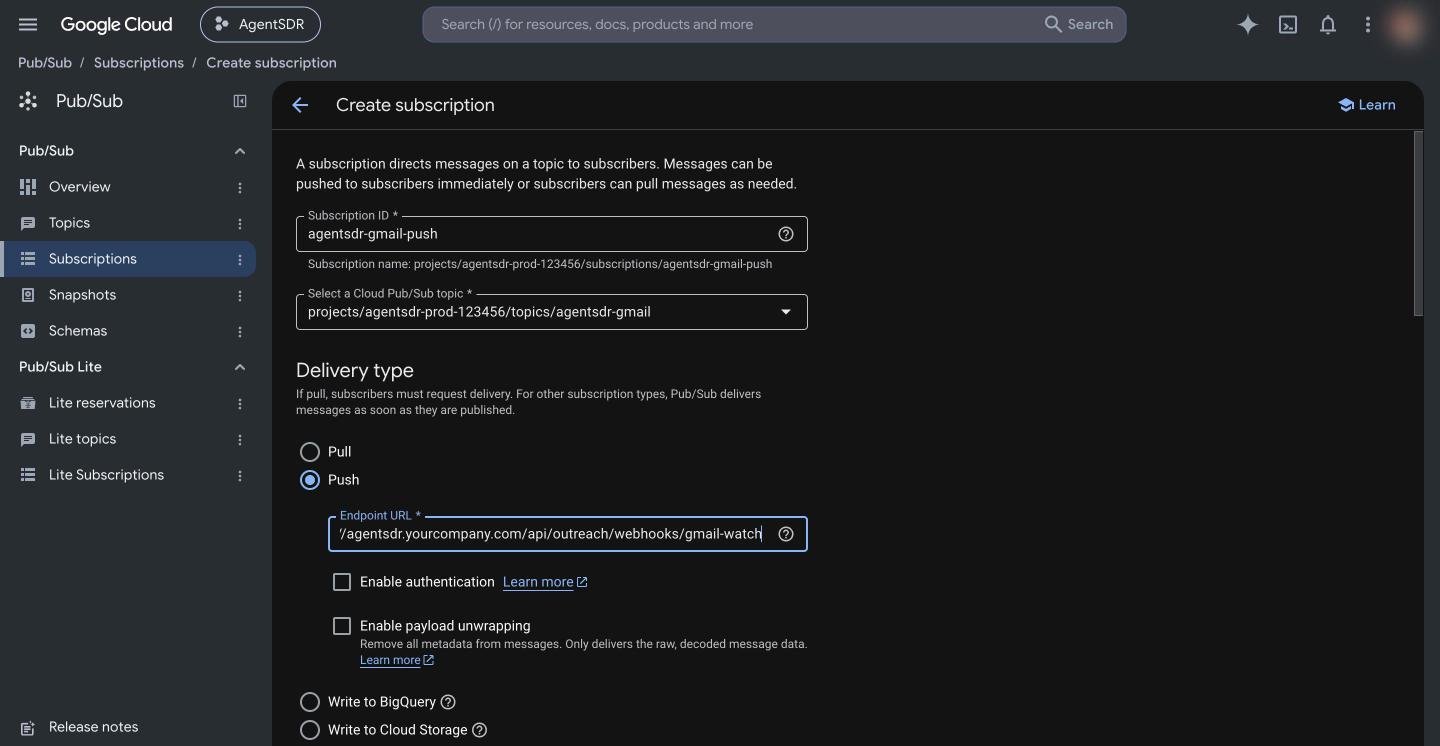 Create subscription form with Push delivery and the AgentSDR endpoint URL